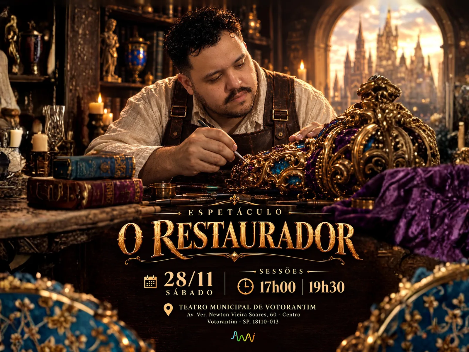Cartaz do espetáculo O Restaurador: um restaurador trabalha em uma peça dourada na oficina, com um castelo ao fundo